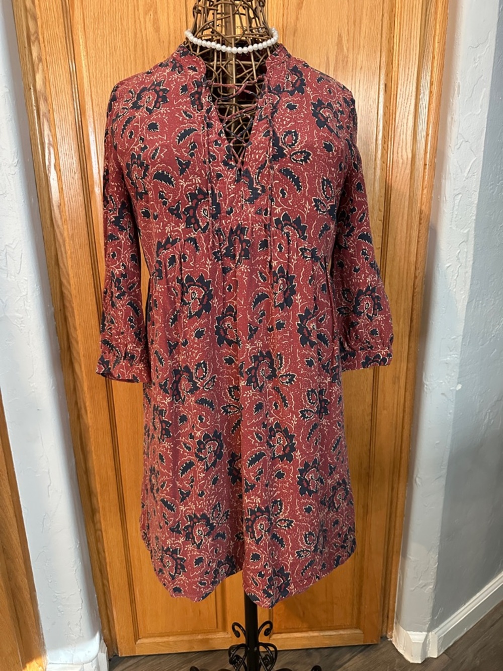 Madewell Rust and Navy Floral Dress with Front lace up. Size Small. 100% Silk